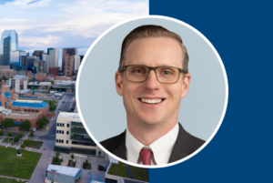 Andrew Rauch headshot with campus aerial image.